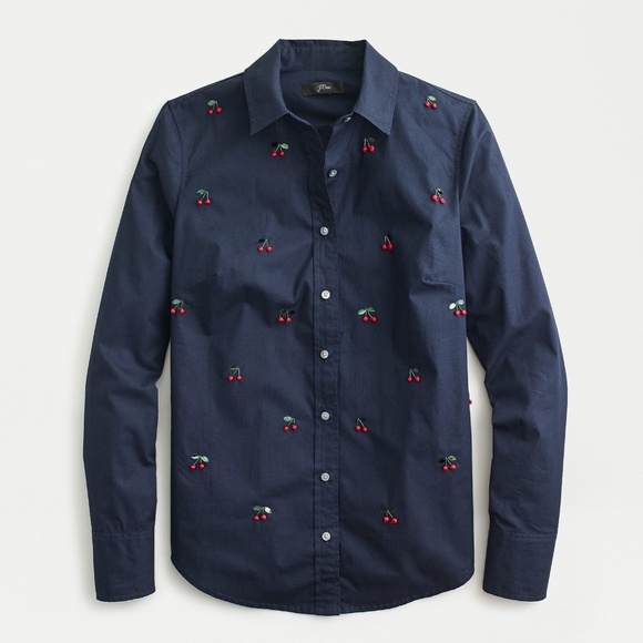 New J.CREW Size 10 Perfect Shirt with Embellished Cherries Navy AE898 - Picture 1 of 5